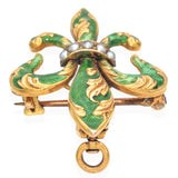 Antique Victorian 14k Yellow Gold Fleur-De-Lis Green Guilloché Enamel Brooch