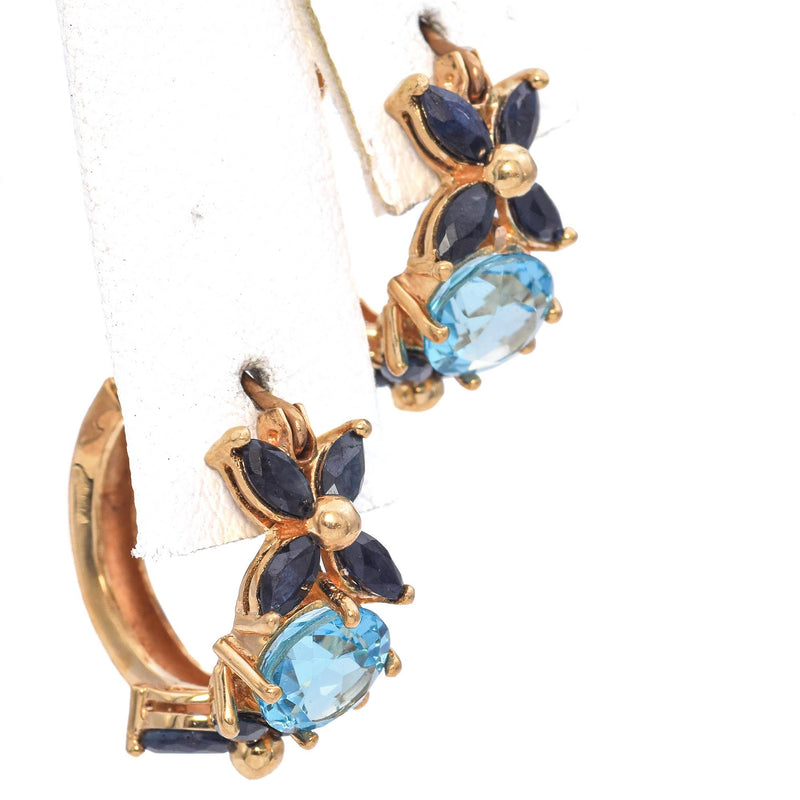 14K Yellow Gold 2.0 TCW Topaz with Sapphire Floral Motif Hoop Earrings