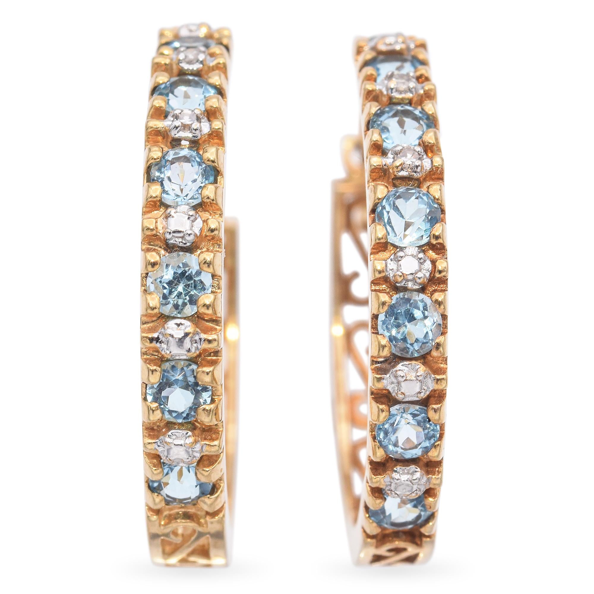 14K Yellow Gold 0.84 TCW Aquamarine and Diamond Hoop Earrings