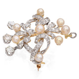 Antique 18K Gold and Platinum Old European Diamond and Pearl Brooch Pendant