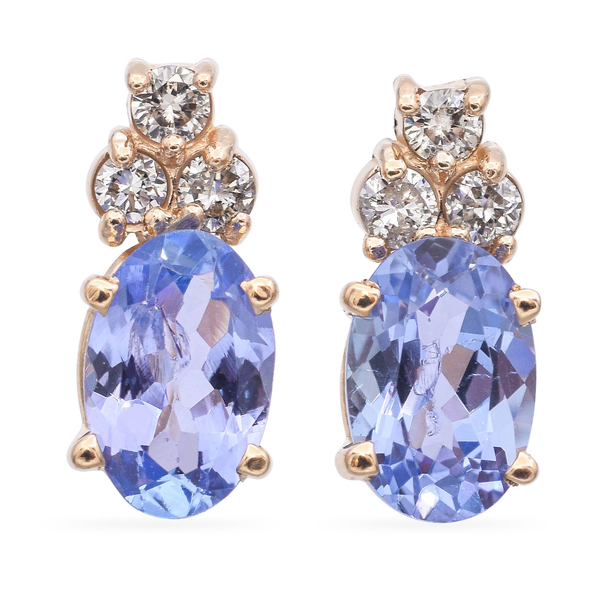 14K Yellow Gold Oval  0.76 TCW Tanzanite and Diamond Accent Stud Earrings