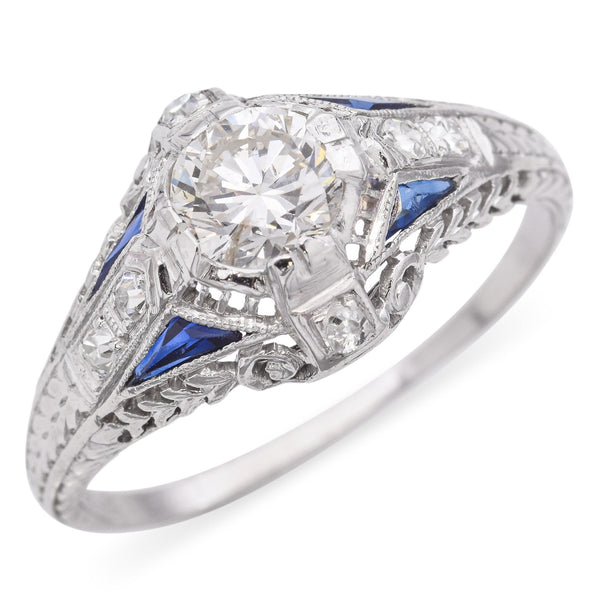 Vintage Art Deco Platinum 0.74 TCW Diamond and Sapphire Filigree Engagement Ring