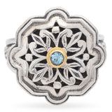 Konstantino Sterling Silver with 18K Gold Bezel Set Blue Topaz Floral Motif Ring