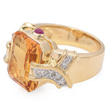 Yellow Gold Citrine and Diamond Retro Cocktail Ring