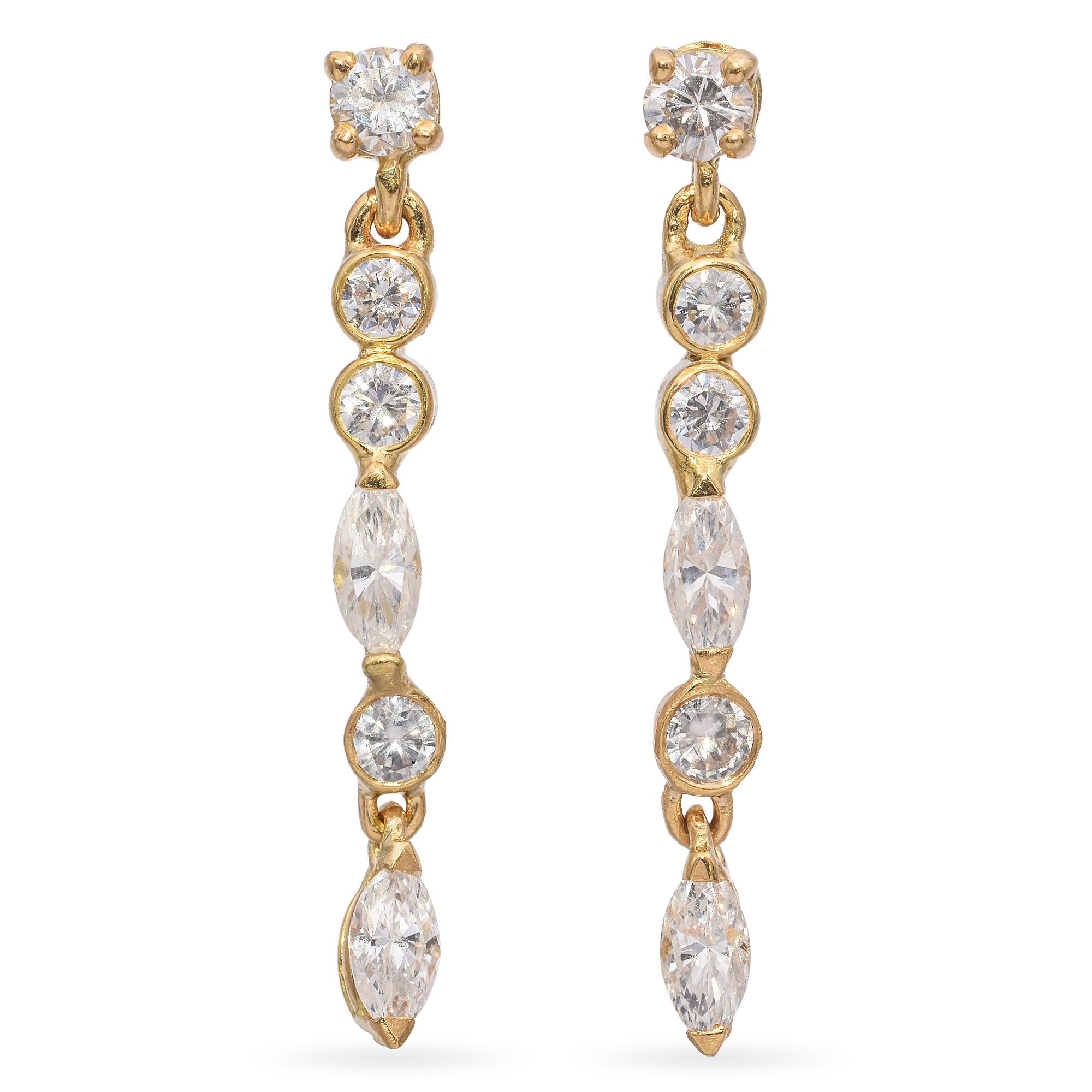 18K Yellow Gold 1.30 TCW Diamond Dangle Drop Earrings