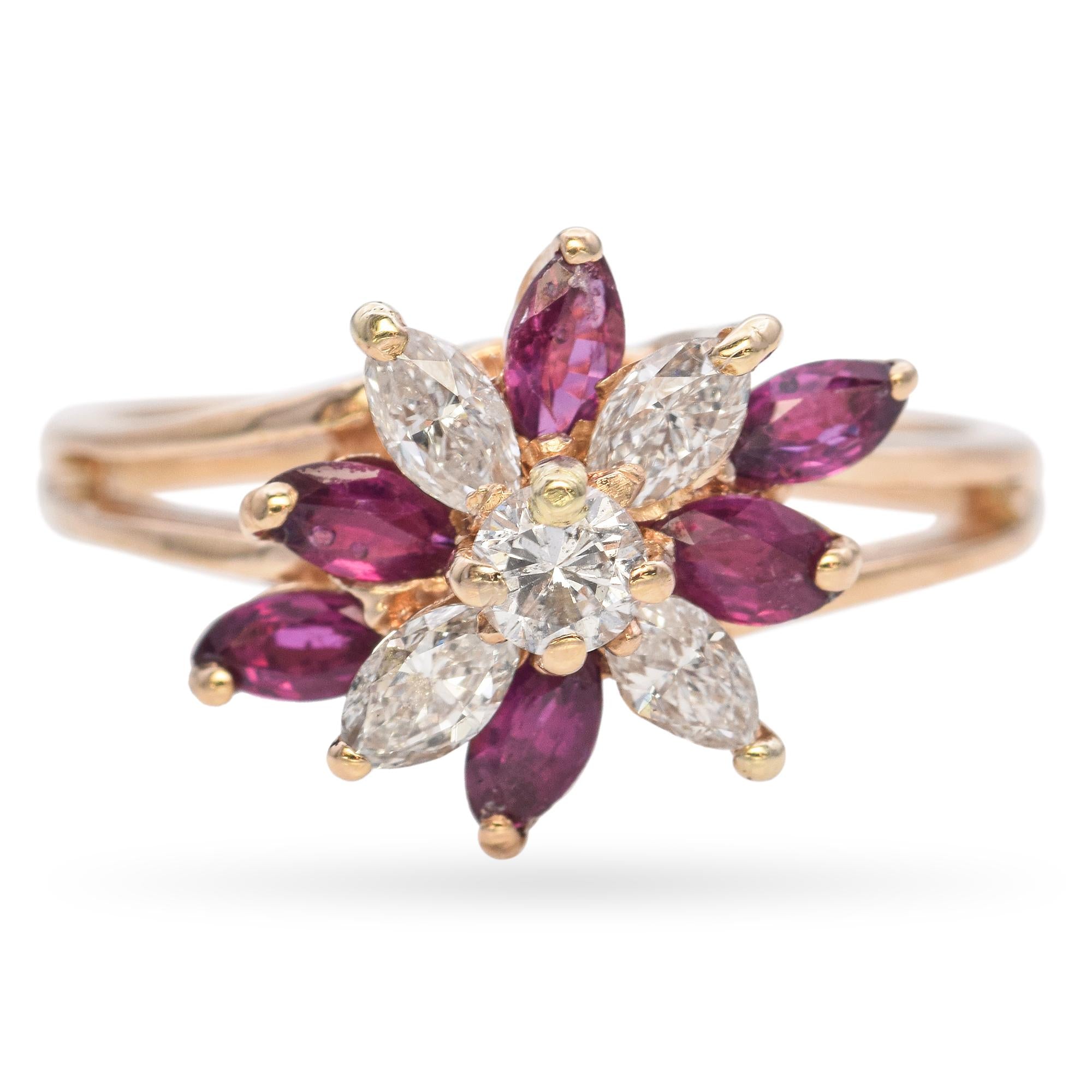 14K Yellow Gold 0.42 TCW Red Spinel and Diamond Floral Cluster Split Shank Ring