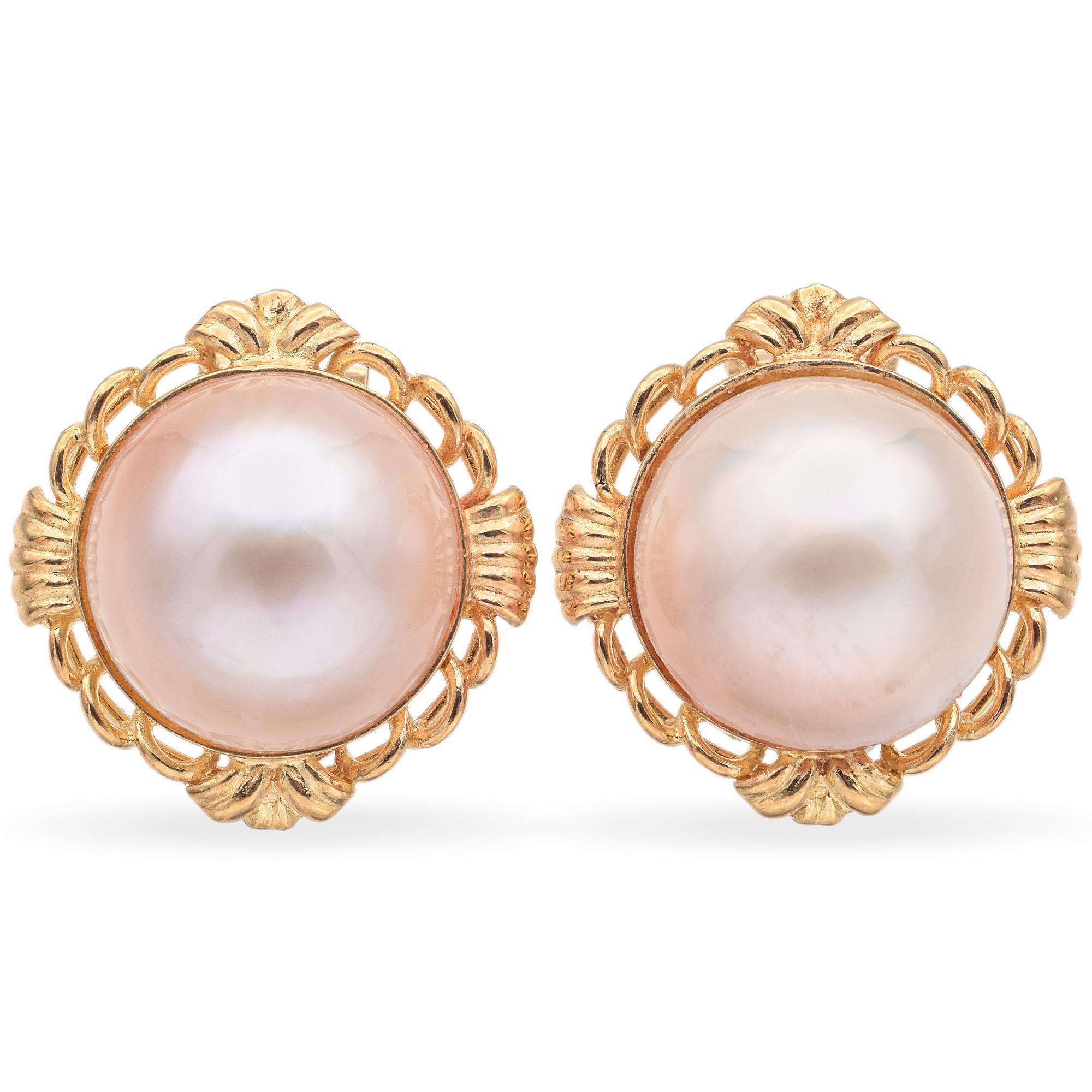 14K Yellow Gold Mabé Pearl Omega Back Clip On Earrings