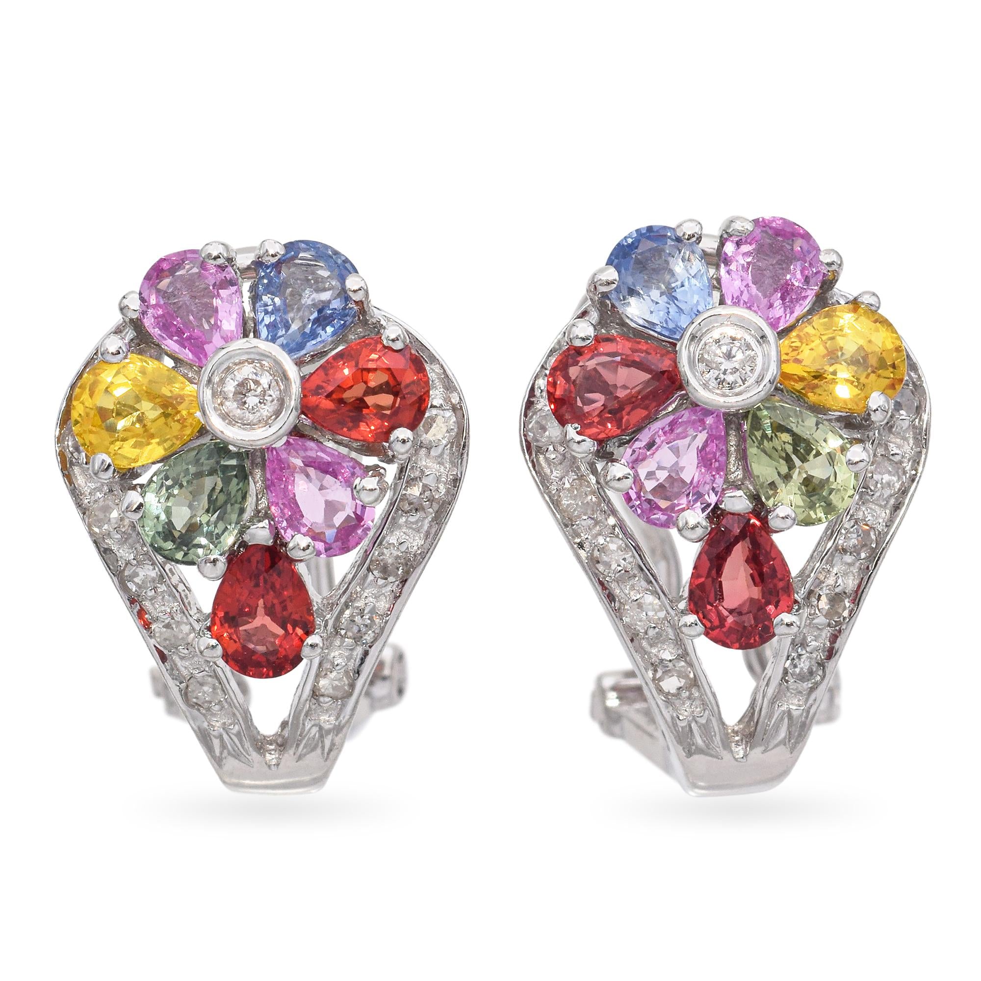 14K White Gold Multi Gemstone Diamond Omega Back Earrings