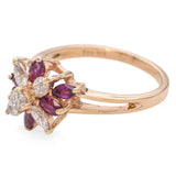 14K Yellow Gold 0.42 TCW Red Spinel and Diamond Floral Cluster Split Shank Ring