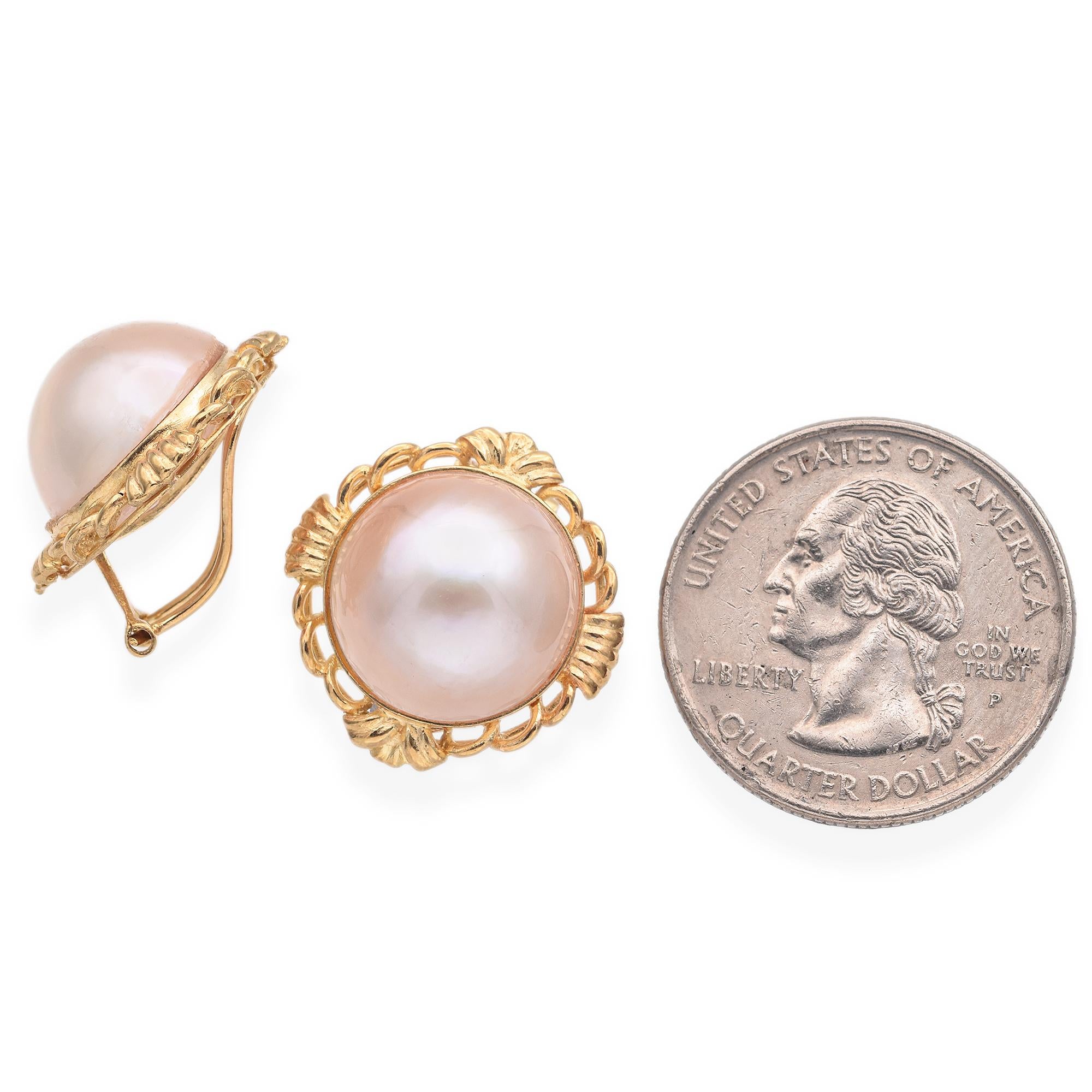 14K Yellow Gold Mabé Pearl Omega Back Clip On Earrings