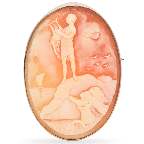 Antique Yellow Gold Orpheus Playing Harp for Mermaids Cameo Brooch