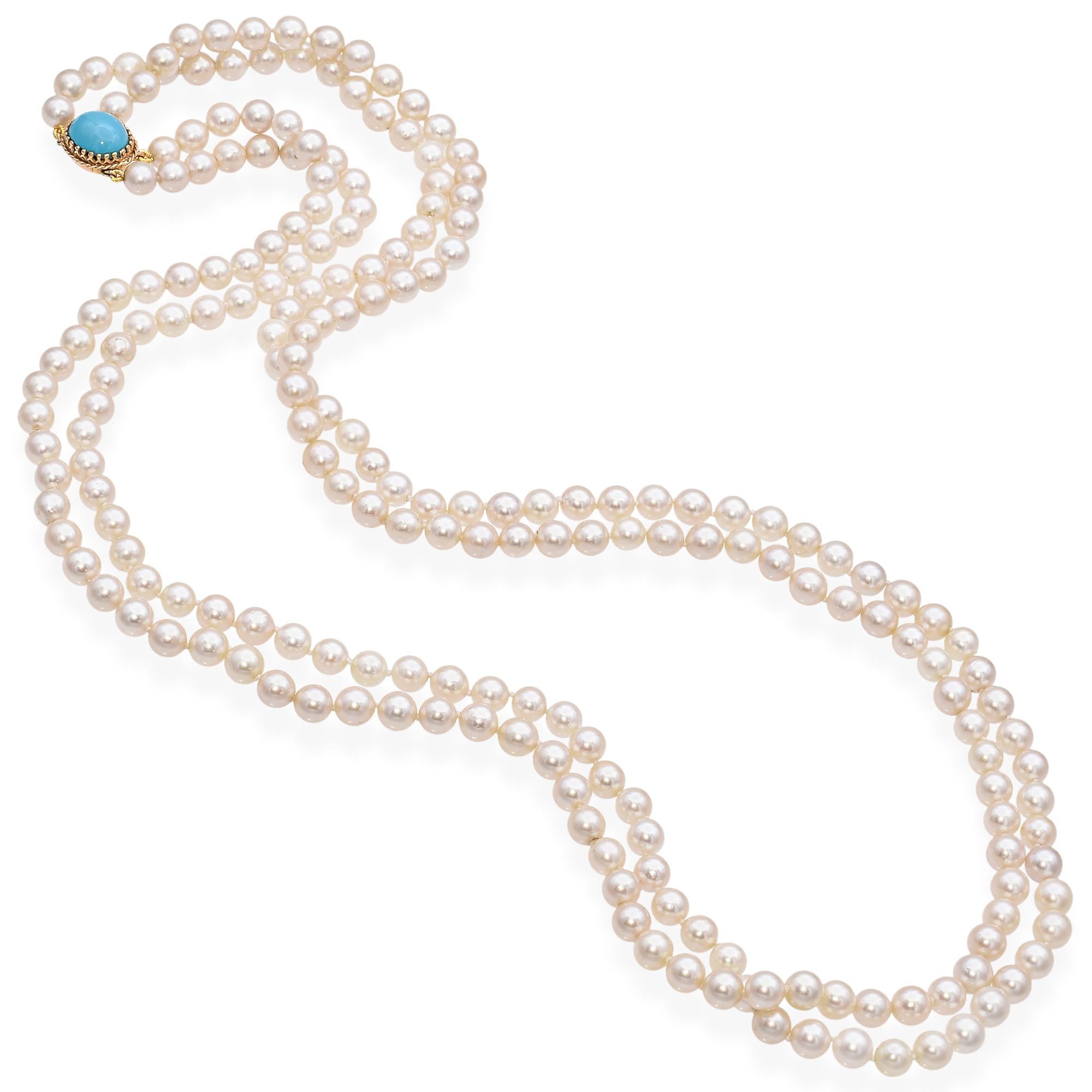 Double Strand Pearl Necklace with Yellow Gold Turquoise Clasp