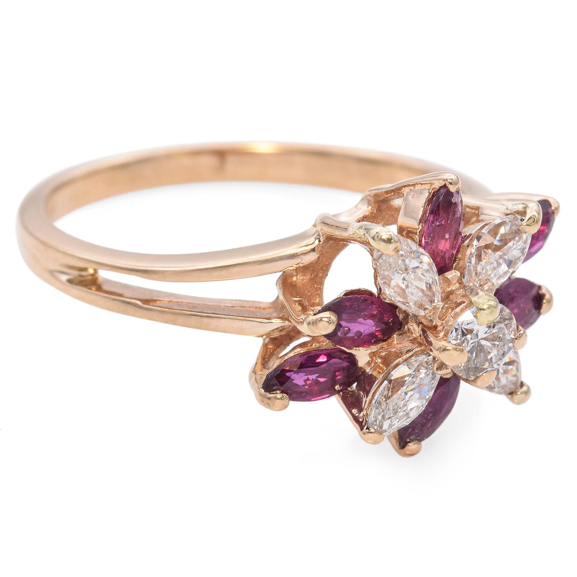 14K Yellow Gold 0.42 TCW Red Spinel and Diamond Floral Cluster Split Shank Ring