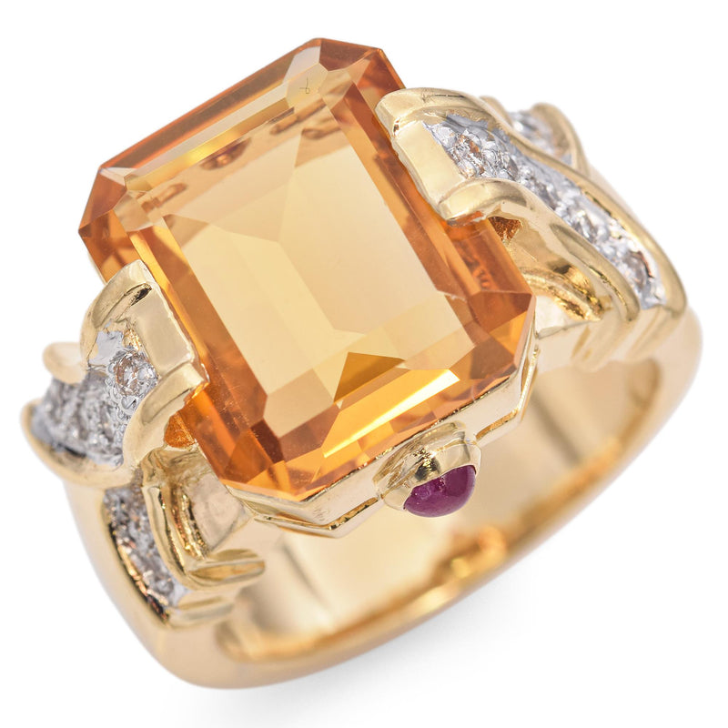 Yellow Gold Citrine and Diamond Retro Cocktail Ring