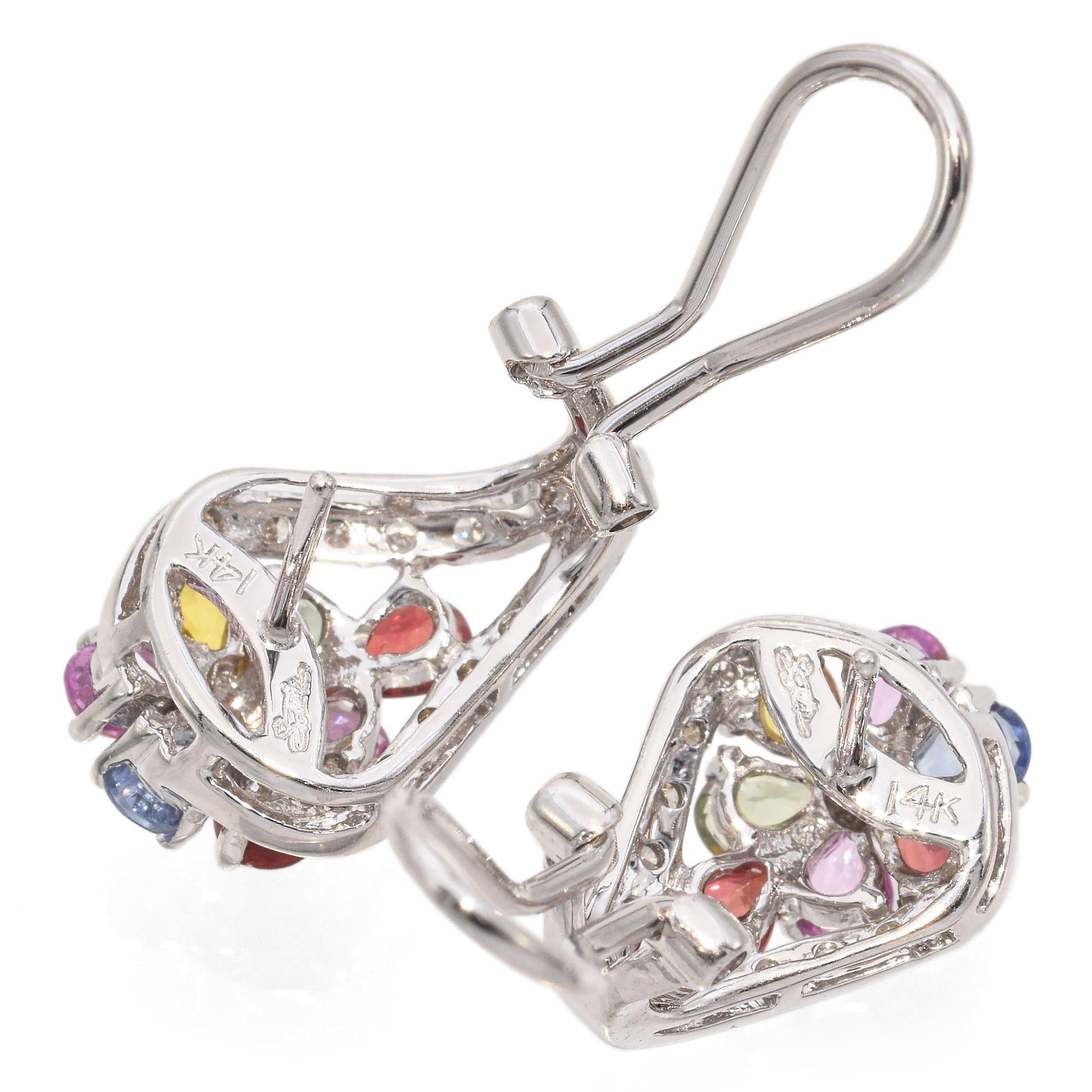 14K White Gold Multi Gemstone Diamond Omega Back Earrings