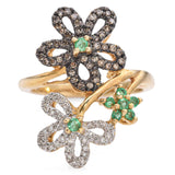 14K Yellow Gold Diamond and Emerald Floral Cocktail Ring