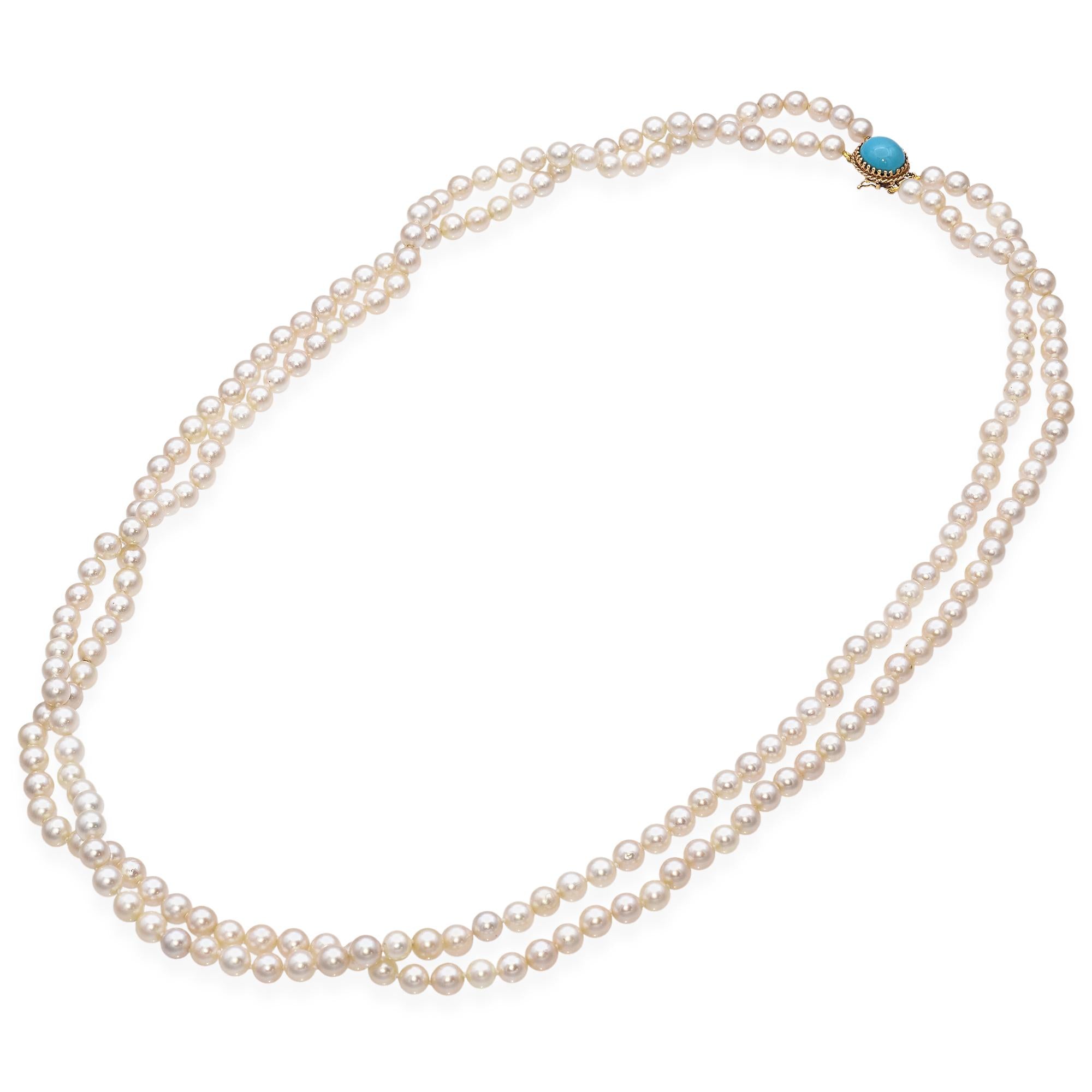 Double Strand Pearl Necklace with Yellow Gold Turquoise Clasp