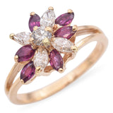 14K Yellow Gold 0.42 TCW Red Spinel and Diamond Floral Cluster Split Shank Ring