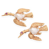 Vintage 14K Yellow Gold Cultured Pearl & Ruby Flying Goose Brooch - Pair of Two