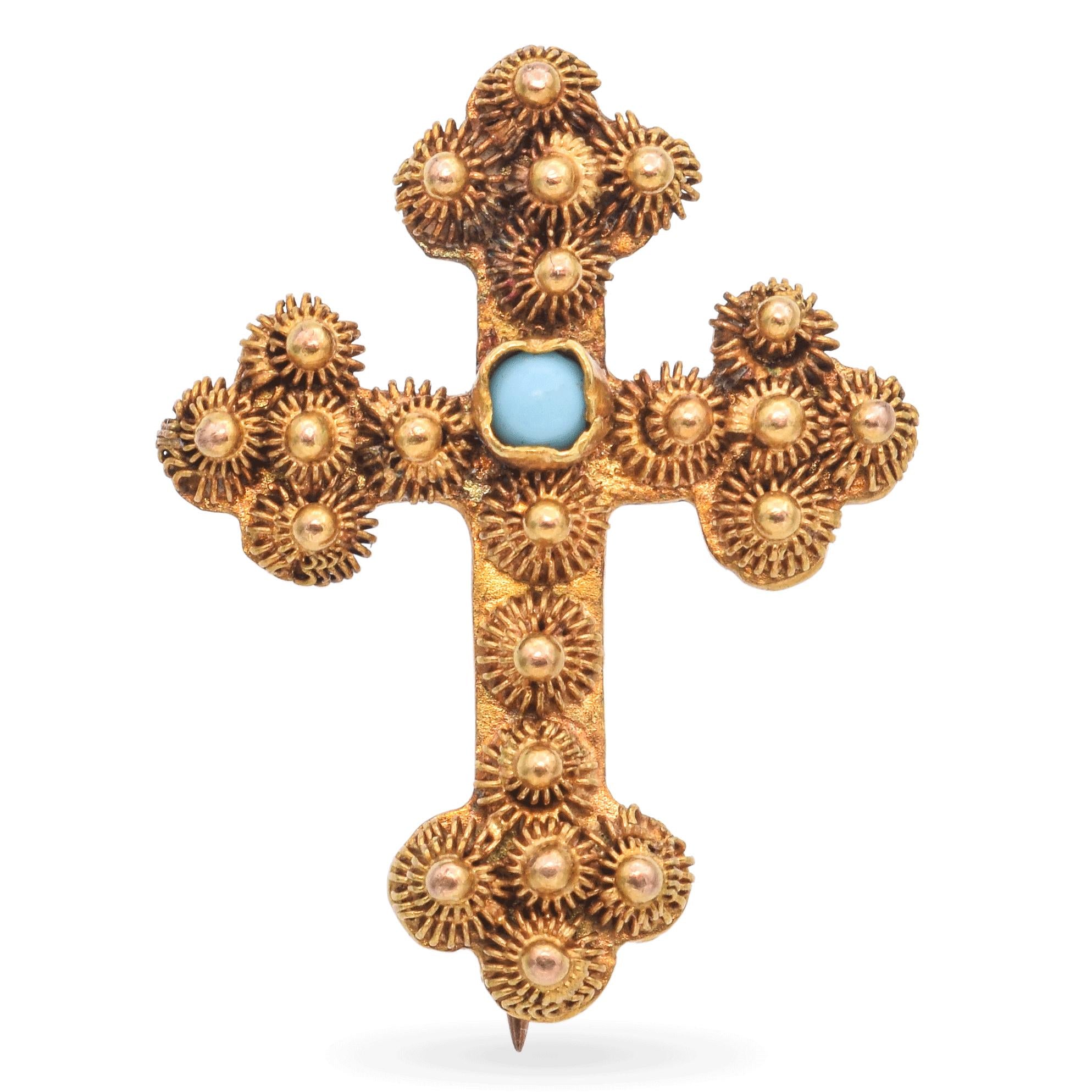 Antique Victorian 19K Yellow Gold Turquoise Cross Brooch