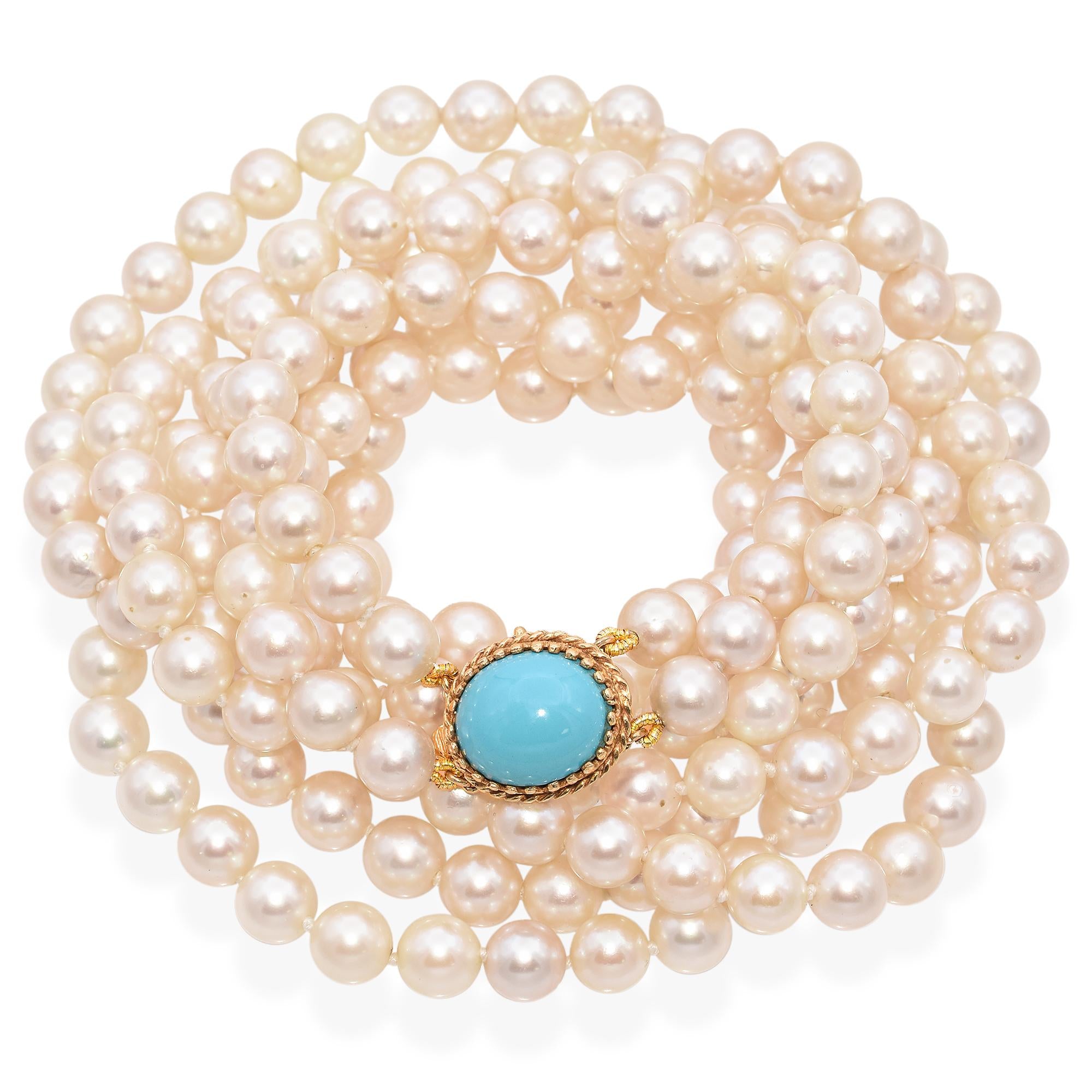 Double Strand Pearl Necklace with Yellow Gold Turquoise Clasp