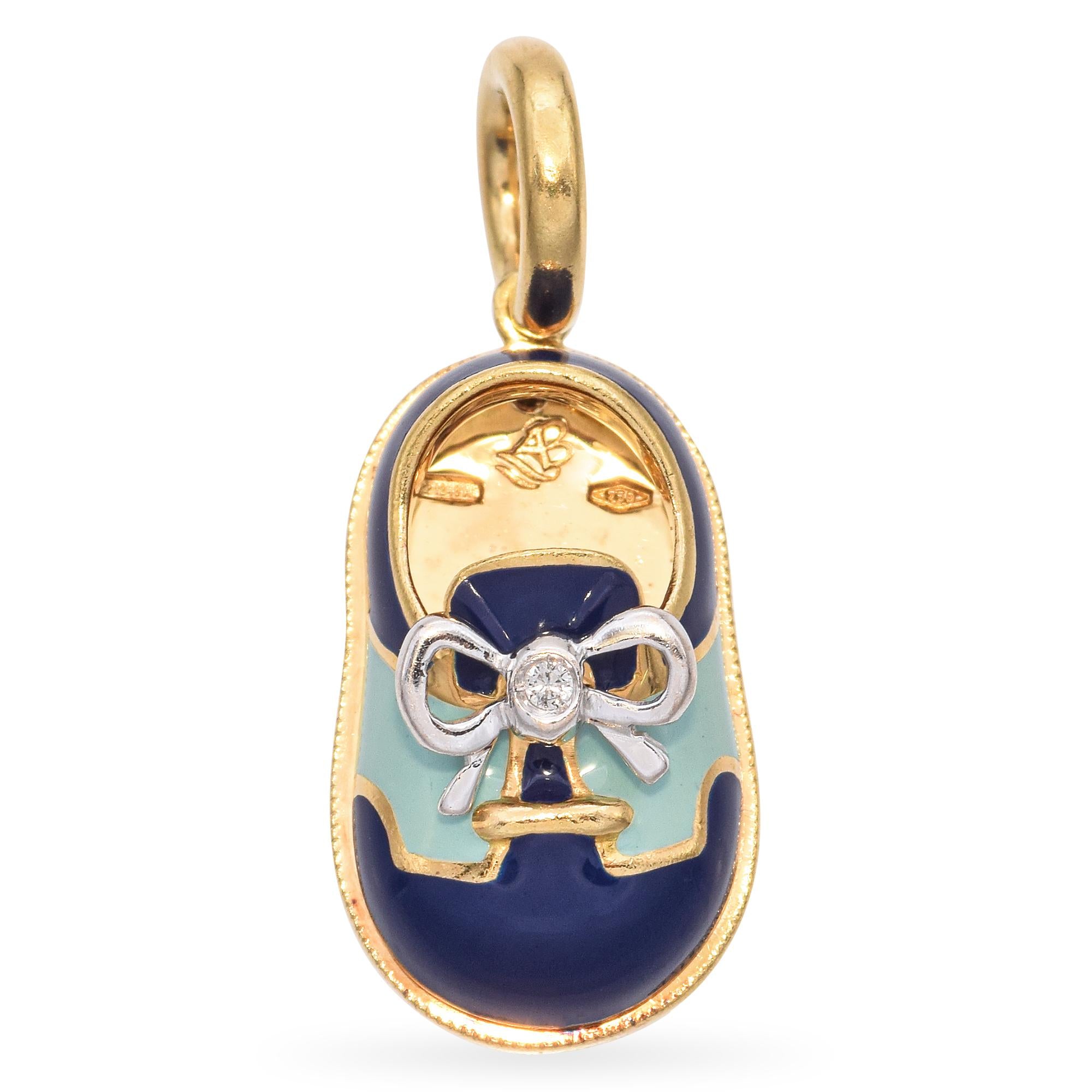 Aaron Basha 18K Yellow Gold and Diamond Blue Enamel Baby Shoe Charm Pendant