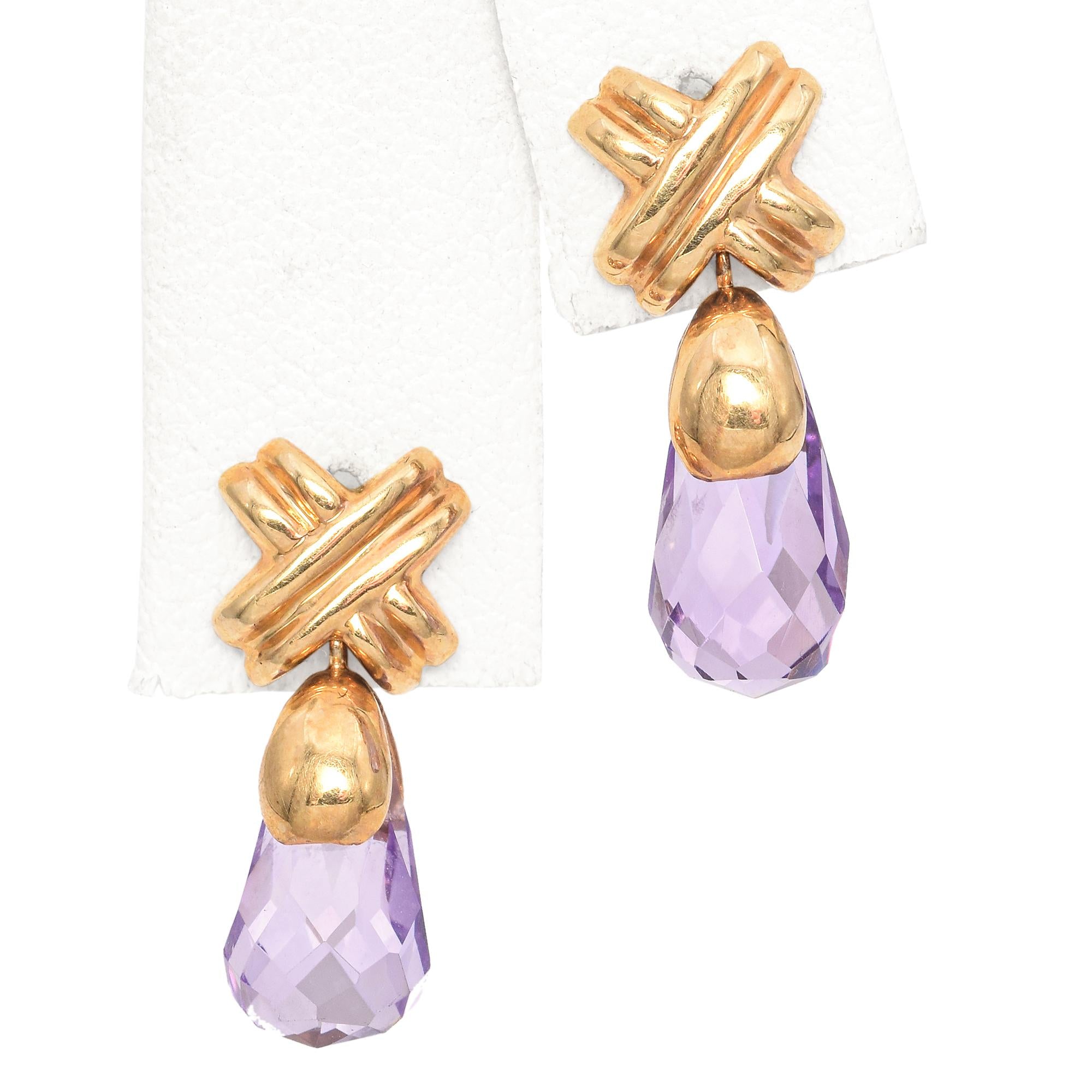 14K Yellow Gold Amethyst Briolette Drop Earrings