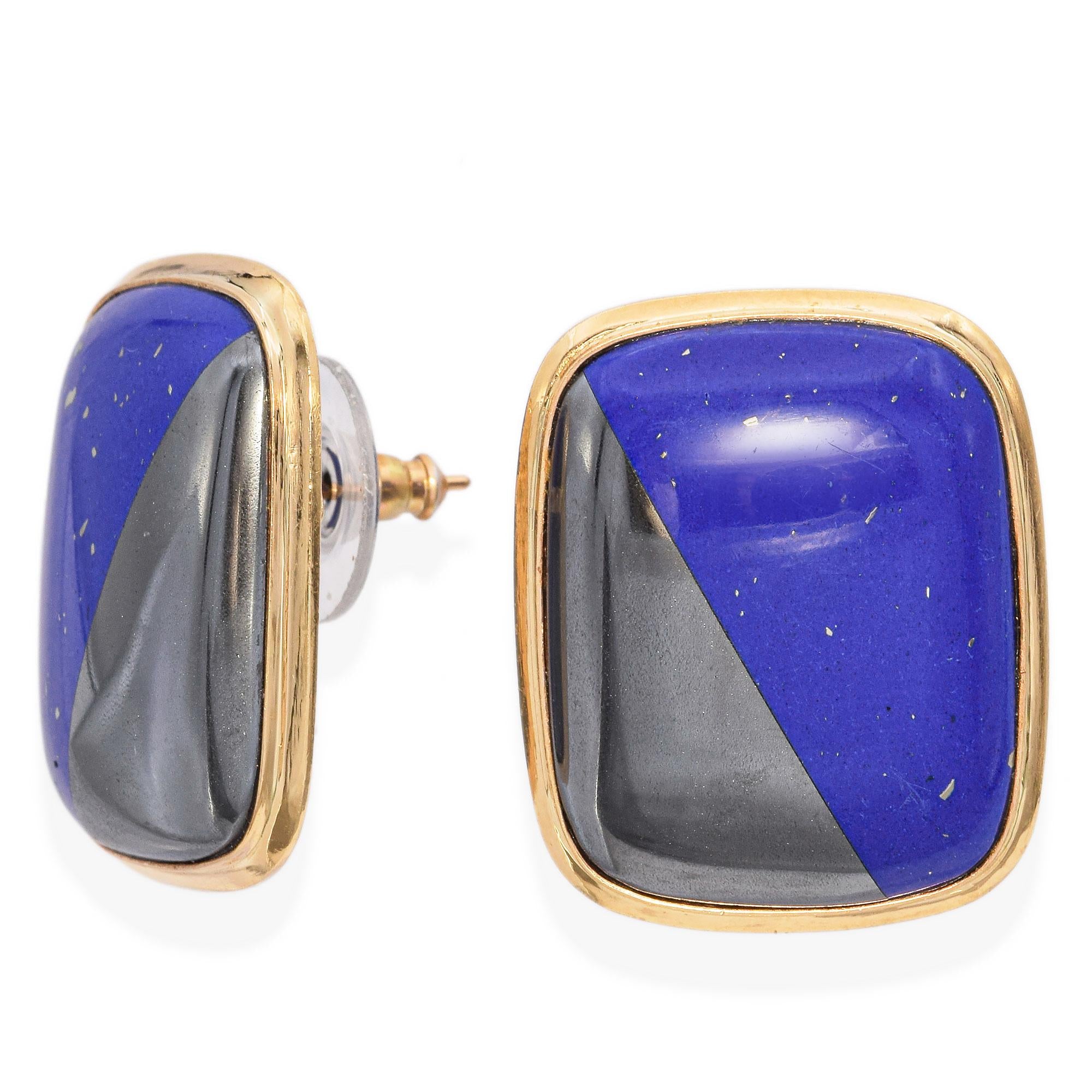 Vintage 14K Yellow Gold Lapis Lazuli & Hematite Rectangle Cabochon Stud Earrings