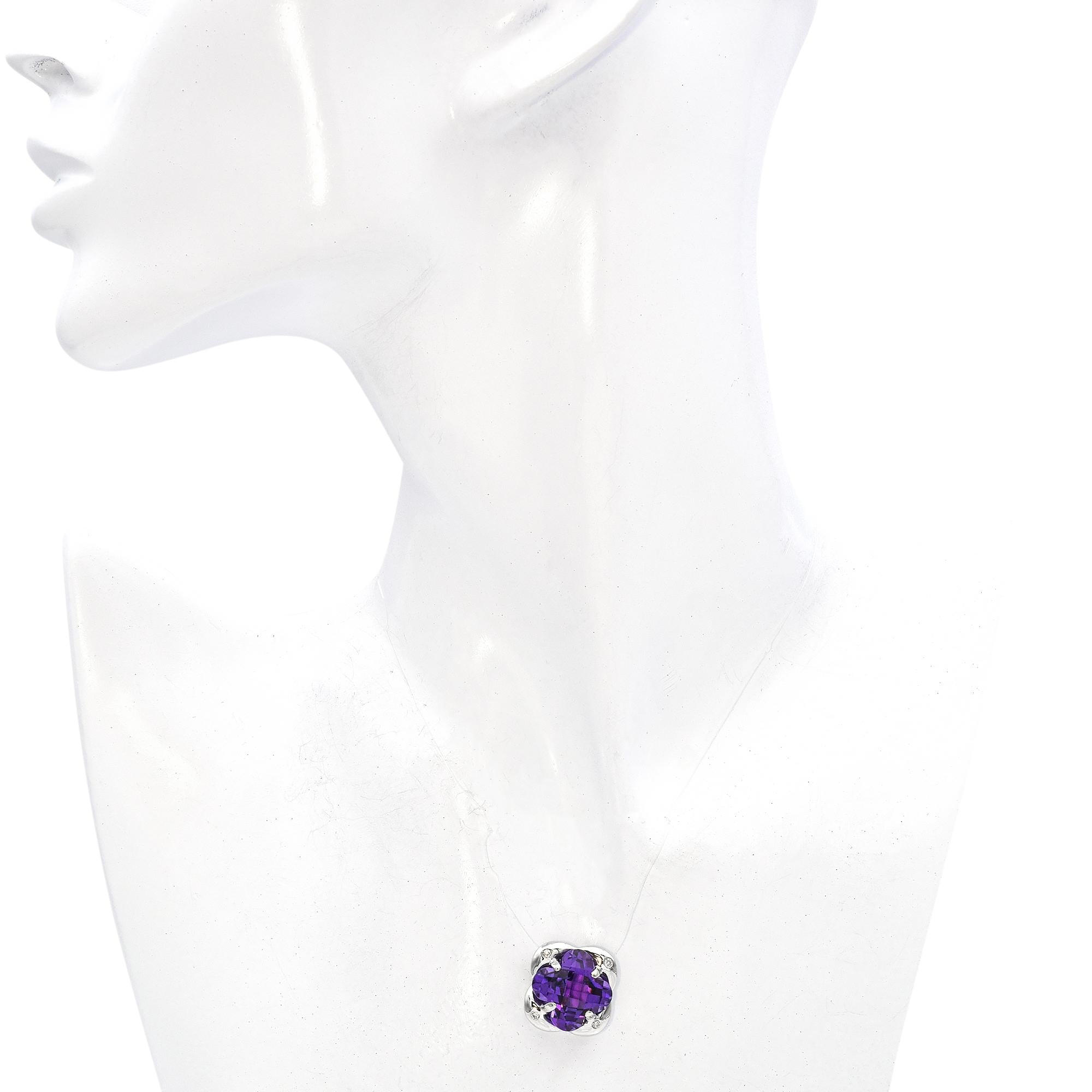 18K White Gold 9.10 Ct. Checkerboard Amethyst & Diamond Slider Pendant