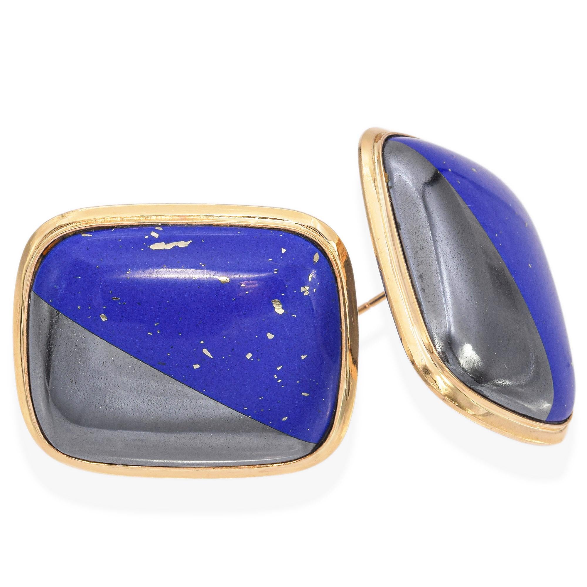 Vintage 14K Yellow Gold Lapis Lazuli & Hematite Rectangle Cabochon Stud Earrings