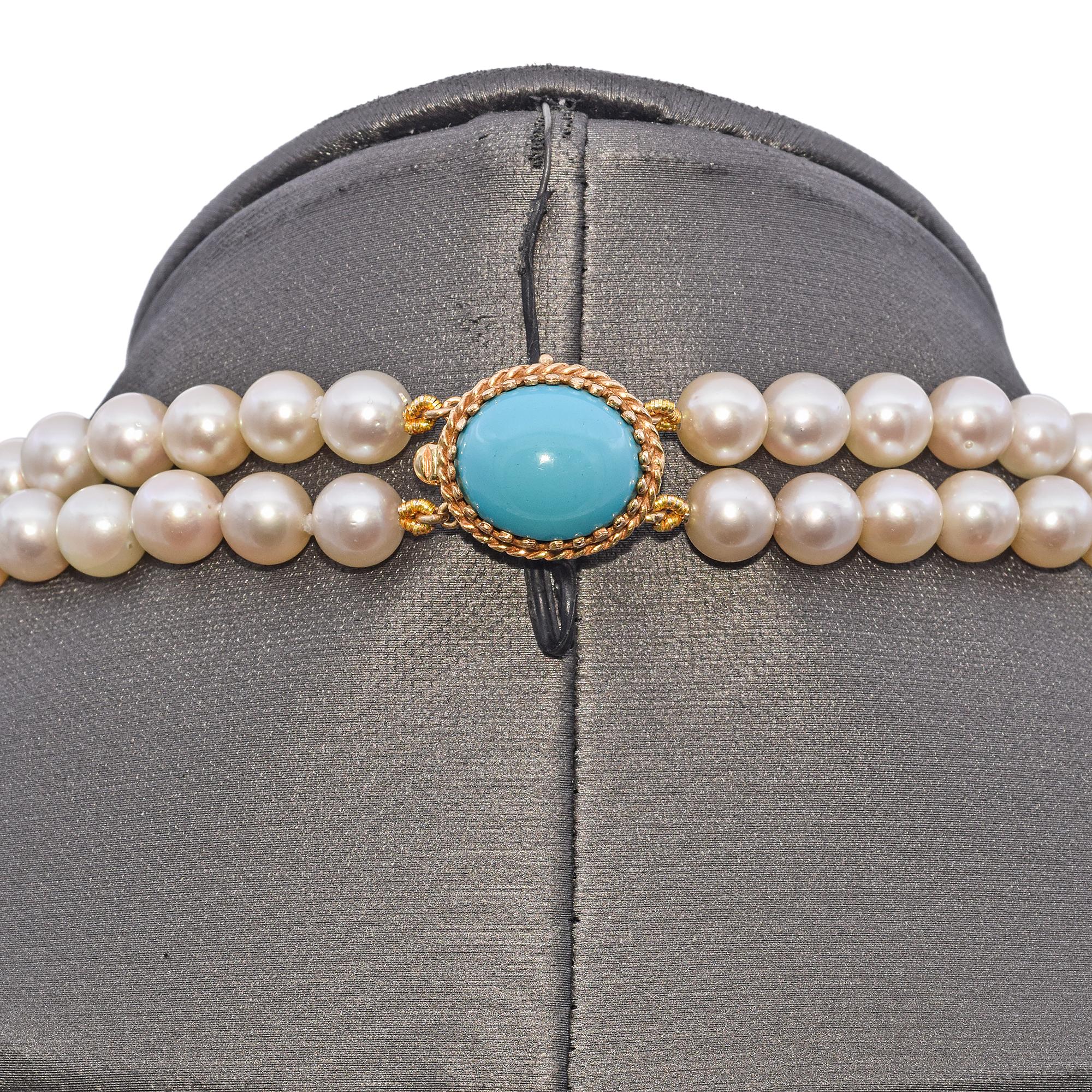 Double Strand Pearl Necklace with Yellow Gold Turquoise Clasp