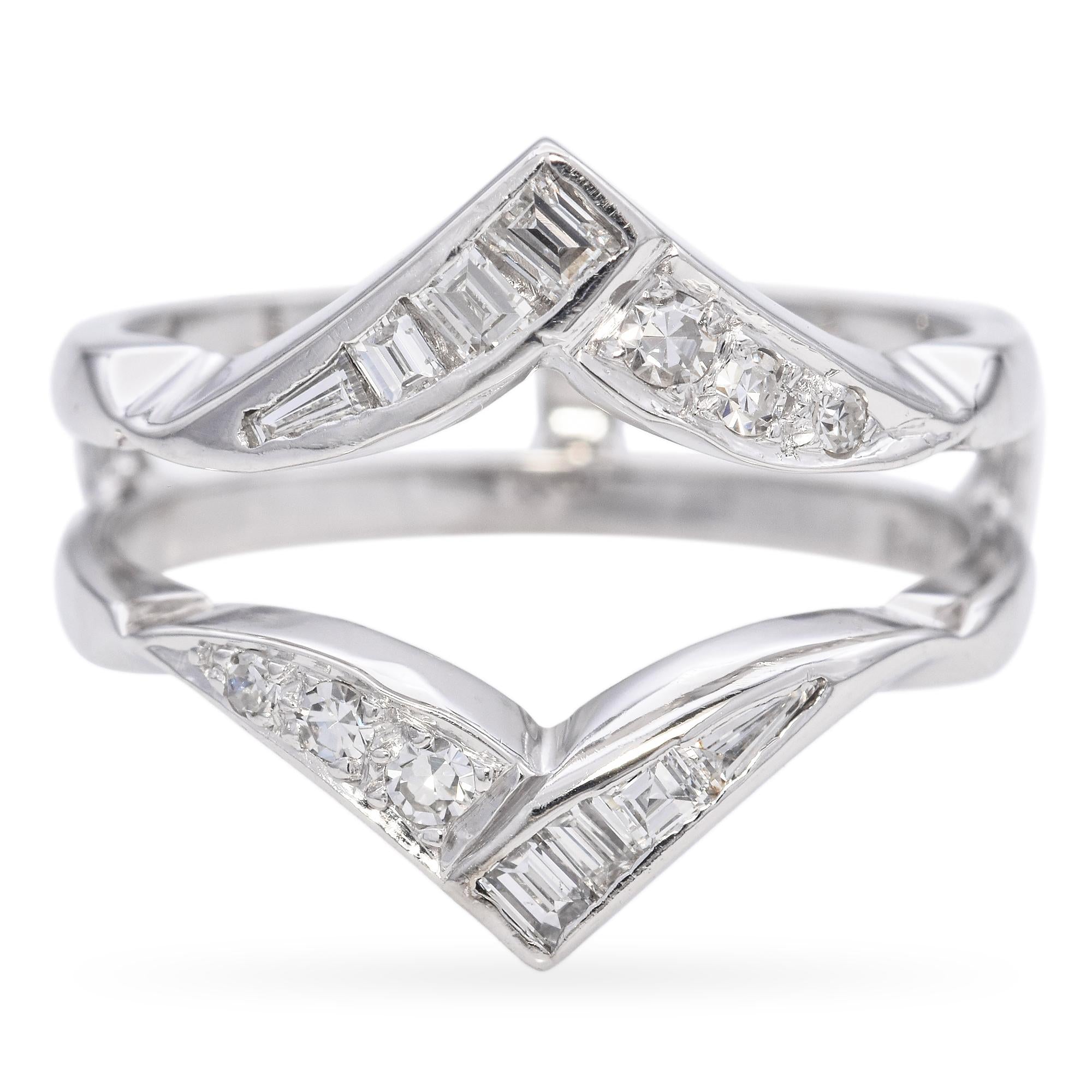 14K White Gold Round and Baguette Diamond Engagement Ring Enhancer