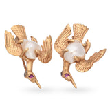 Vintage 14K Yellow Gold Cultured Pearl & Ruby Flying Goose Brooch - Pair of Two