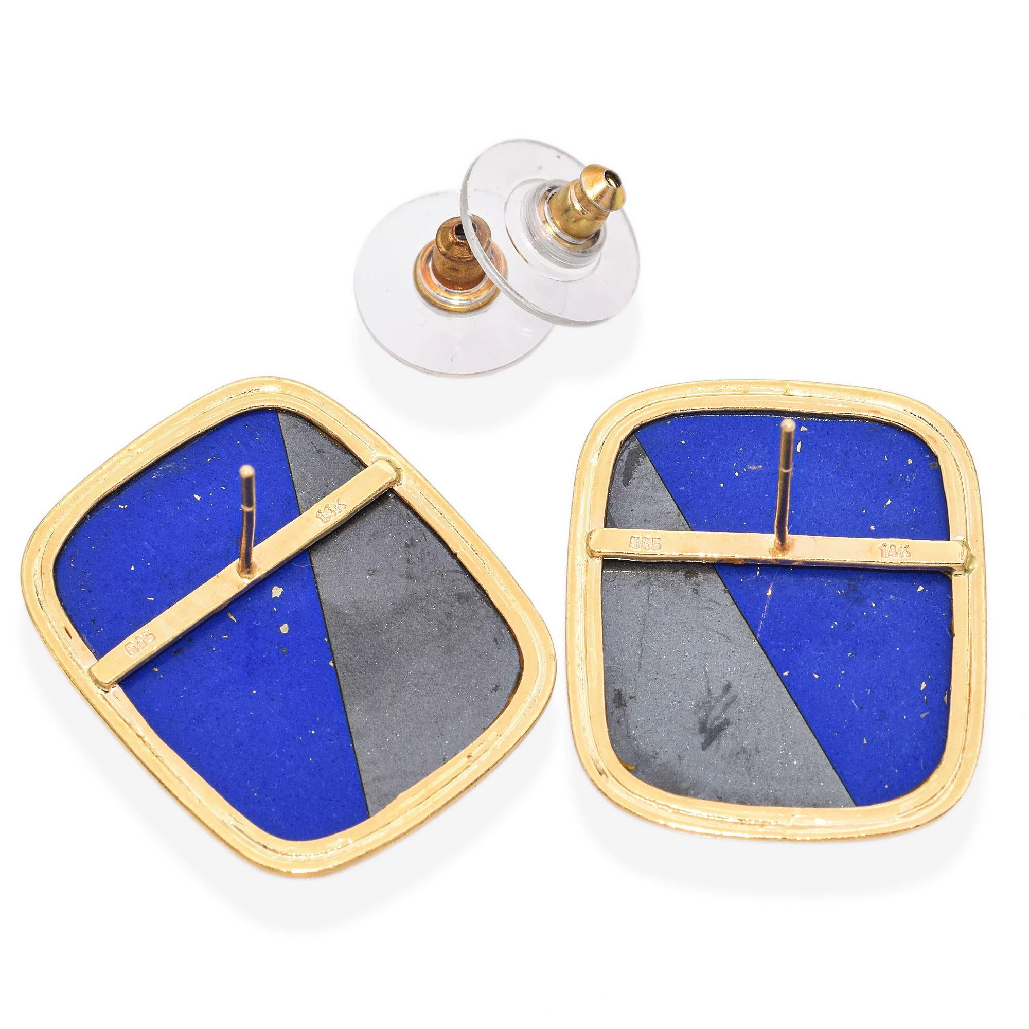 Vintage 14K Yellow Gold Lapis Lazuli & Hematite Rectangle Cabochon Stud Earrings