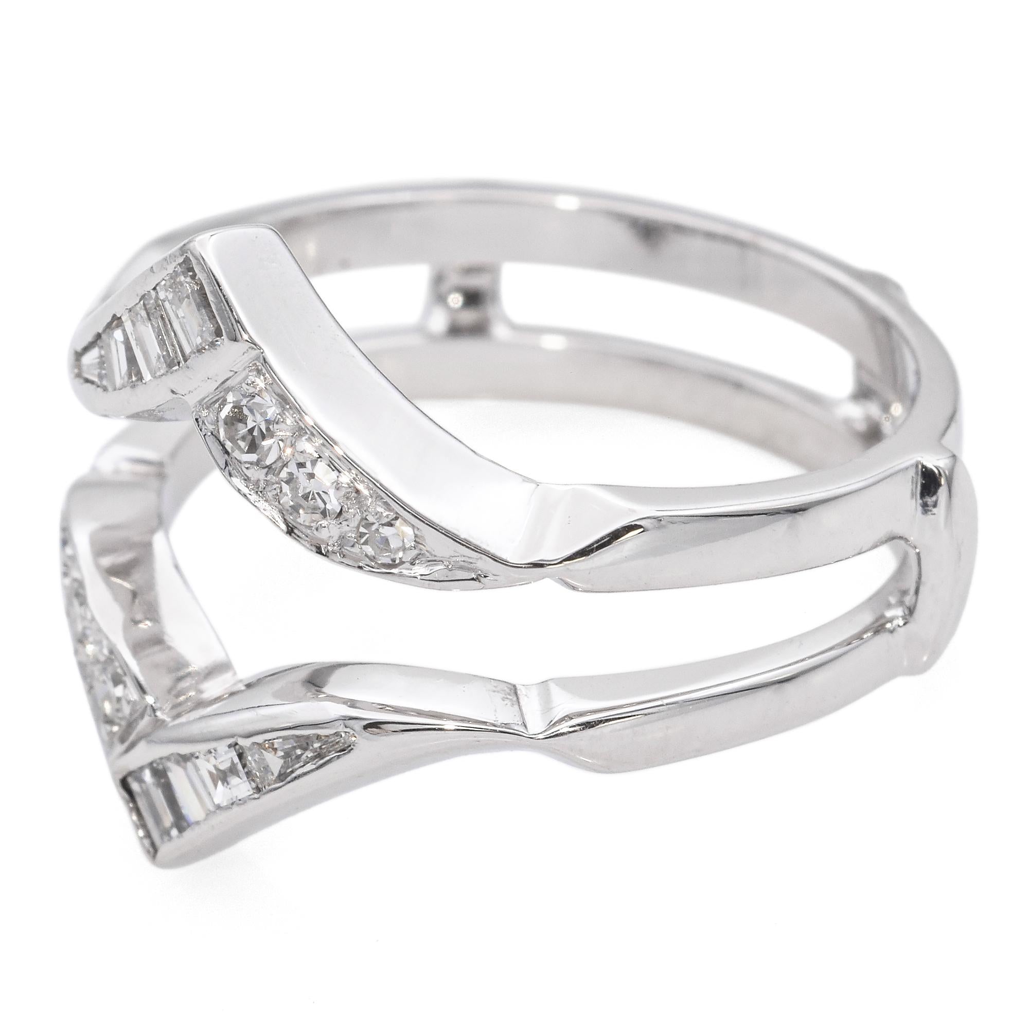 14K White Gold Round and Baguette Diamond Engagement Ring Enhancer