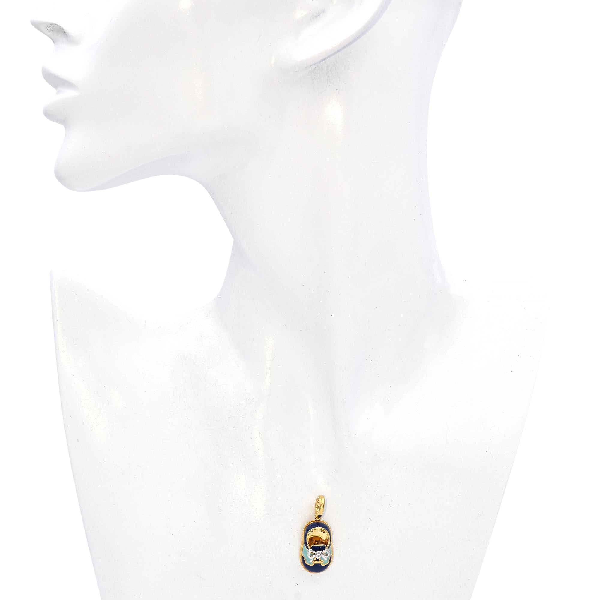 Aaron Basha 18K Yellow Gold and Diamond Blue Enamel Baby Shoe Charm Pendant