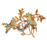 Vintage 18K Gold Enamel Love Birds Nest Brooch