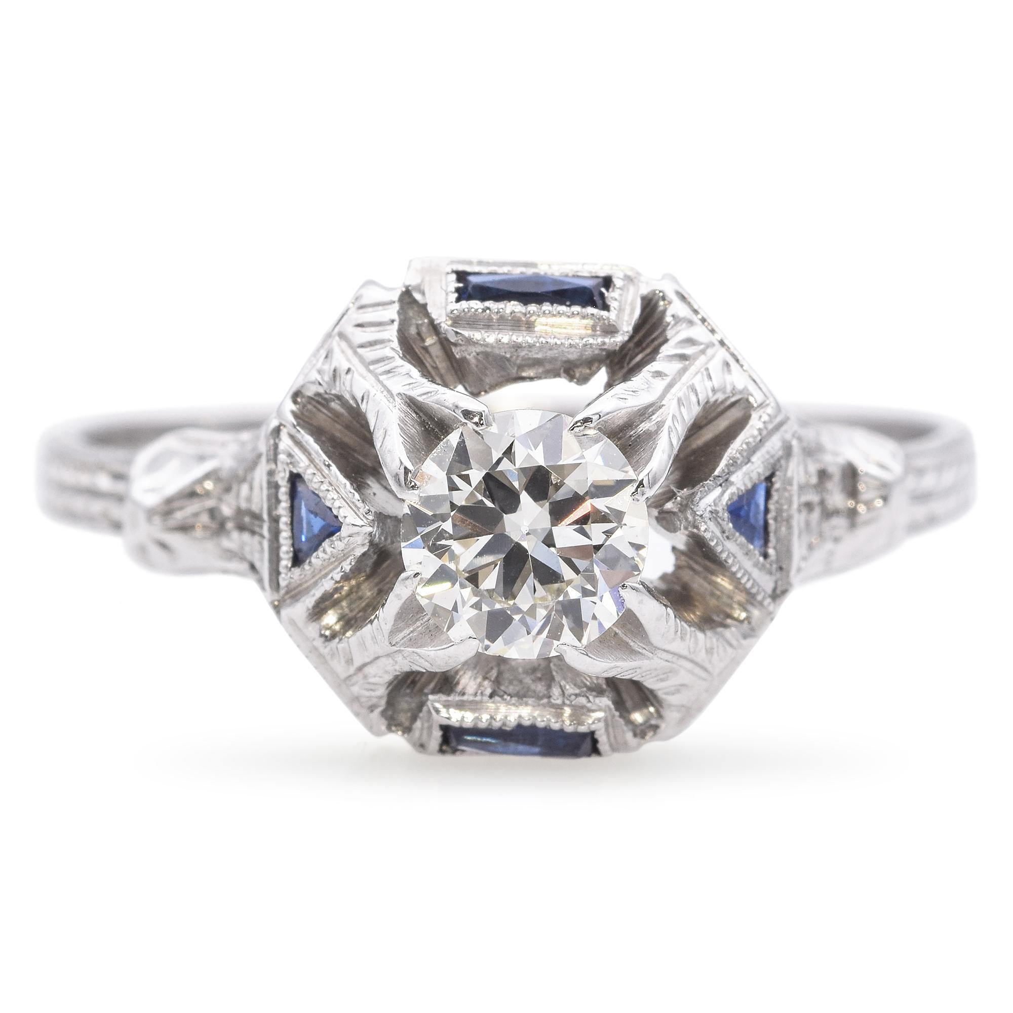 Art Deco 18k White Gold .5ct Diamond and Sapphire Solitaire Ring