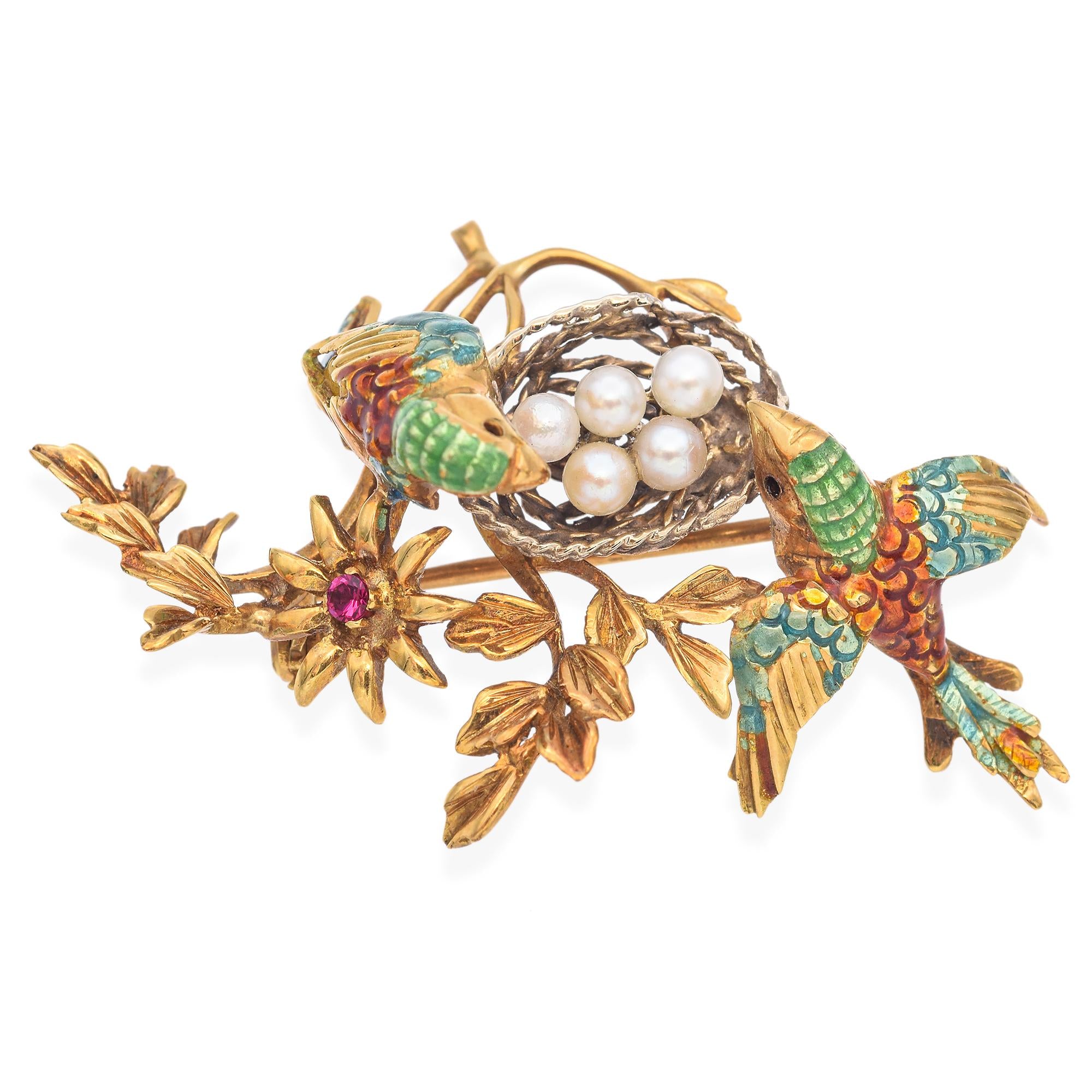 Vintage 18K Gold Enamel Love Birds Nest Brooch