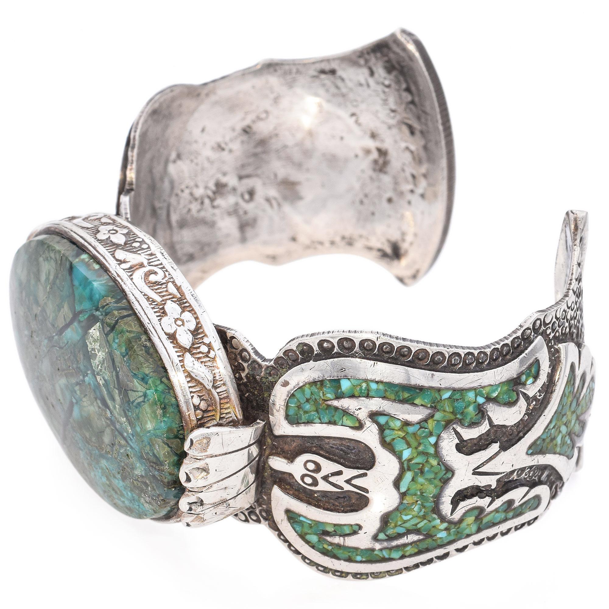 Vintage Navajo Native American Sterling Silver Chrysocolla Cuff Bracelet