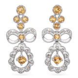 14K White Gold 0.72 TCW Citrine and Diamond Bow Motif Dangle Drop Earrings