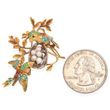 Vintage 18K Gold Enamel Love Birds Nest Brooch