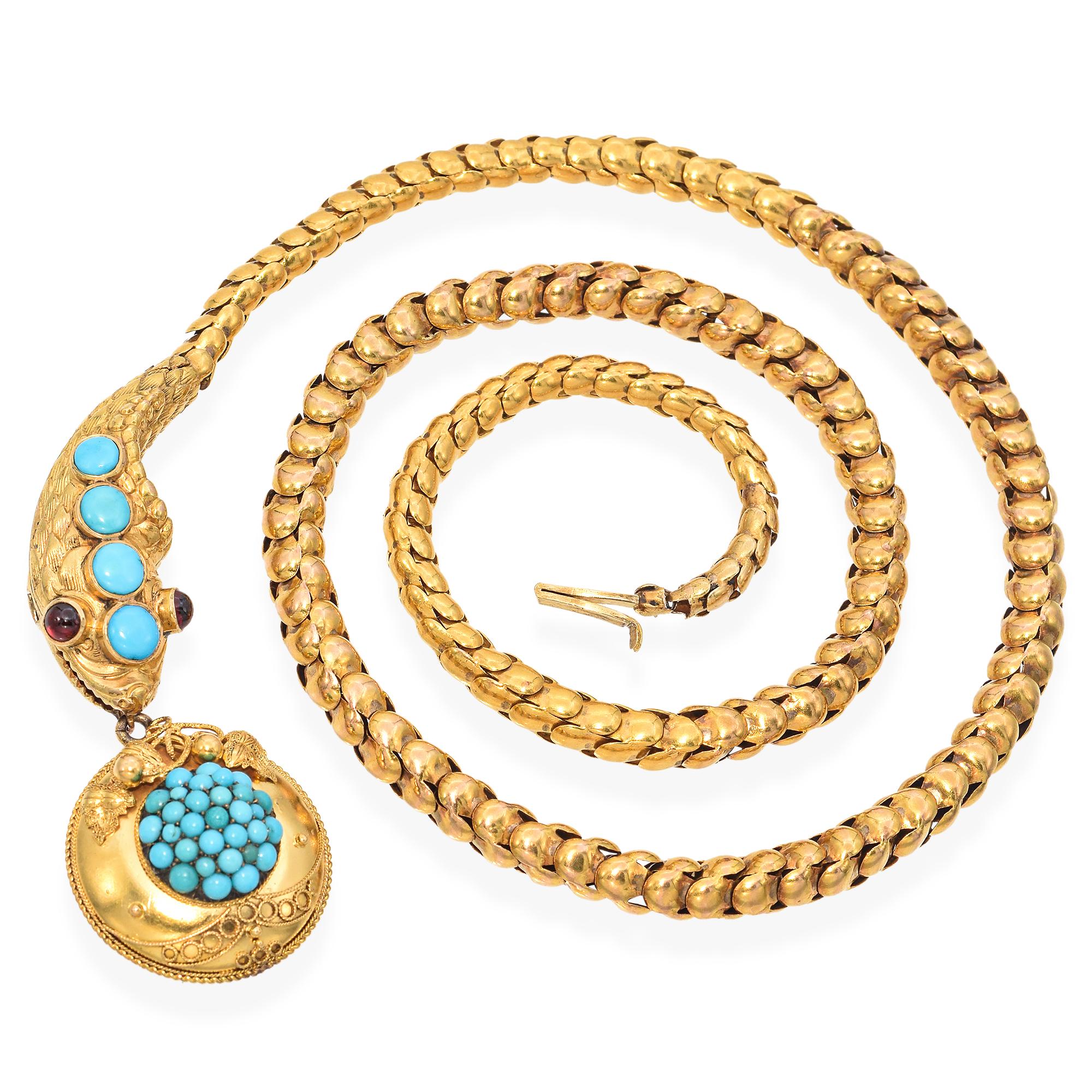 Victorian Yellow Gold Articulated Turquoise and Garnet Snake Necklace