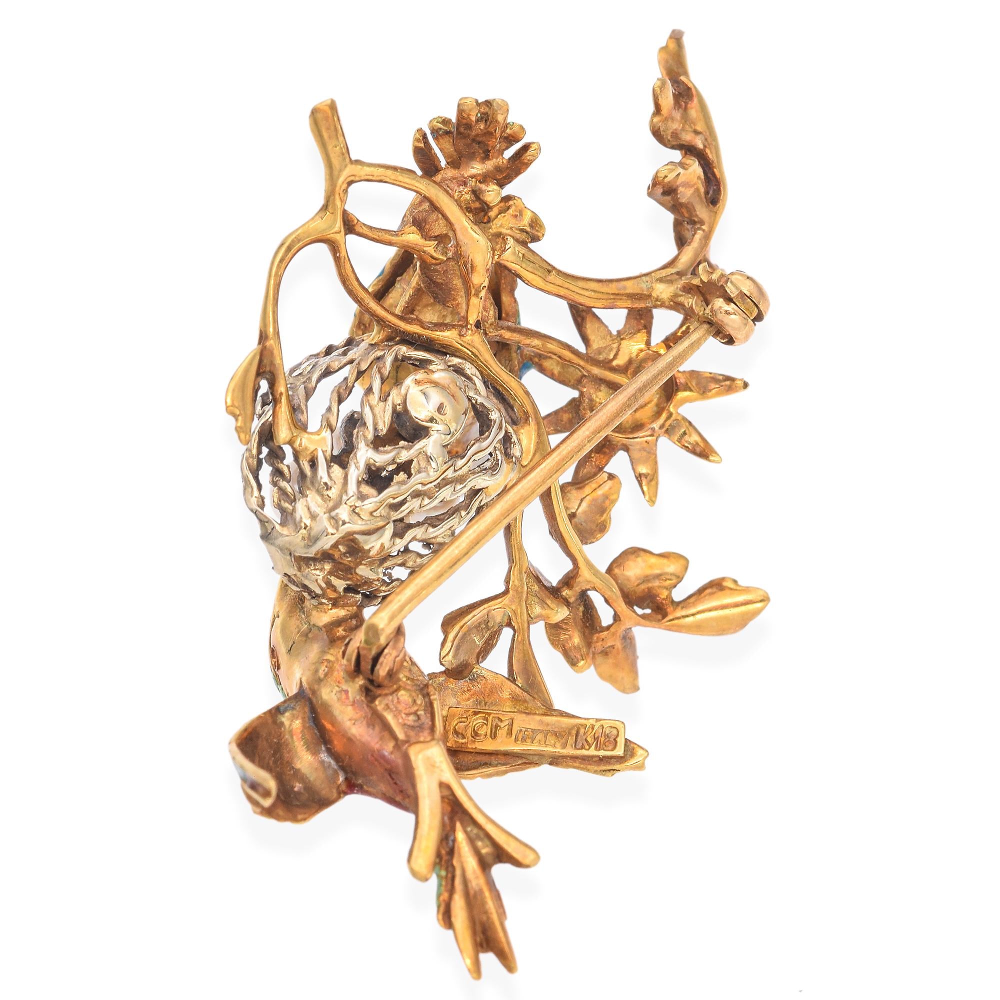 Vintage 18K Gold Enamel Love Birds Nest Brooch