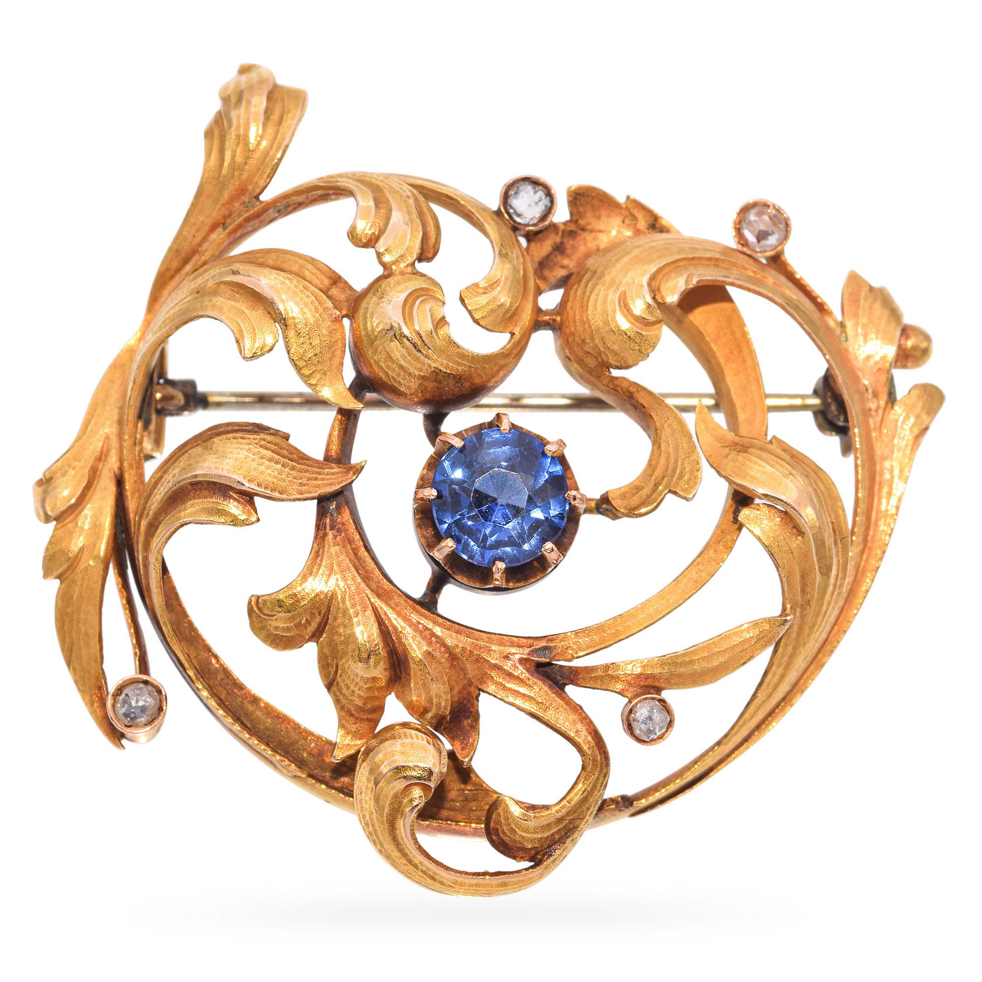 Art Nouveau 20k Yellow Gold Synthetic Sapphire and Rose Cut Diamond Vine Brooch