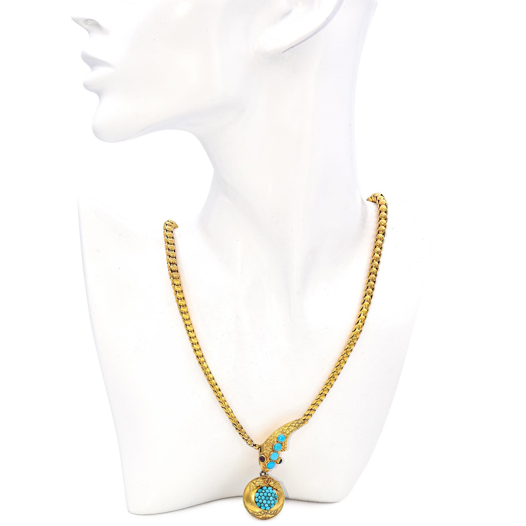 Victorian Yellow Gold Articulated Turquoise and Garnet Snake Necklace