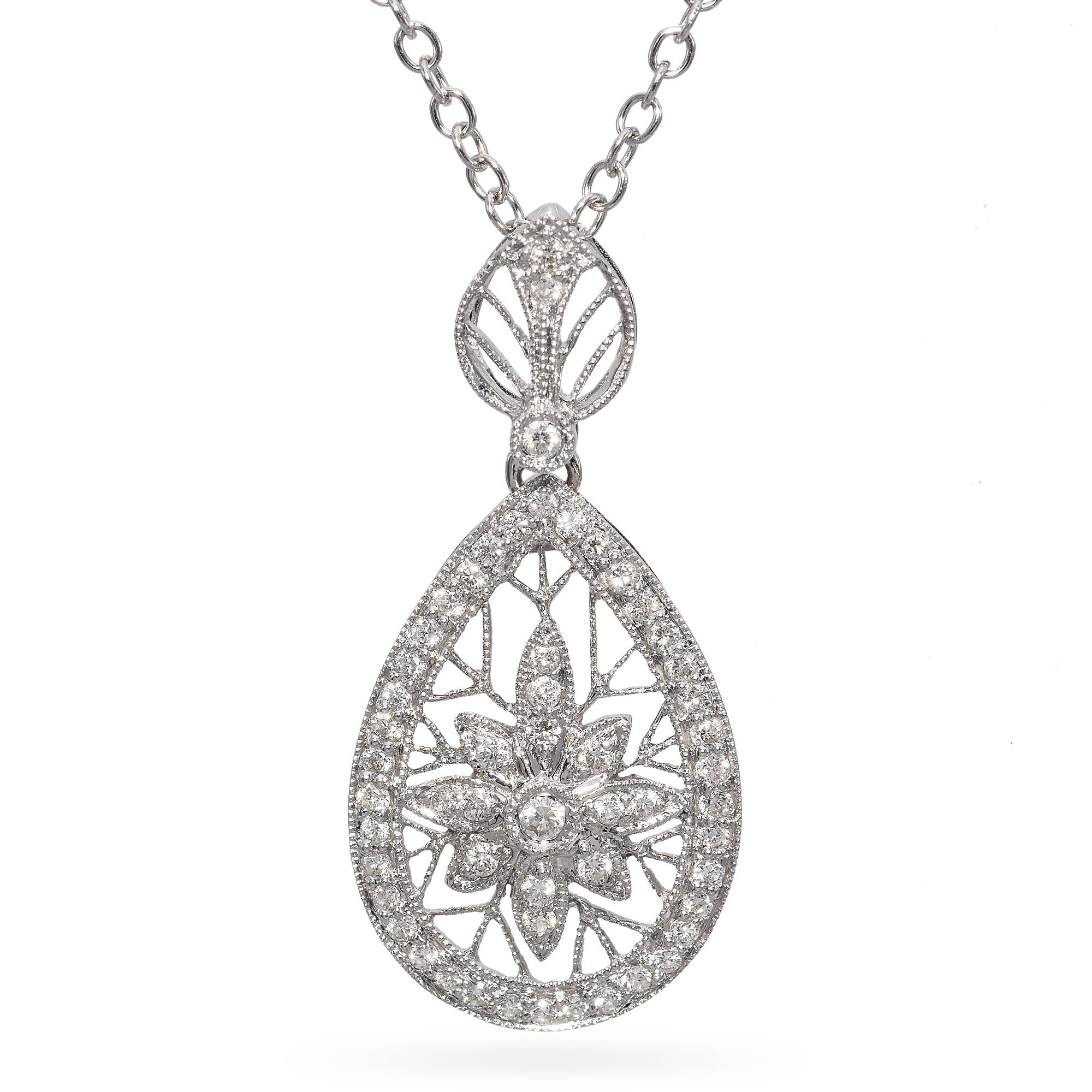 18K White Gold 0.22 TCW Diamond Filigree Pendant Necklace