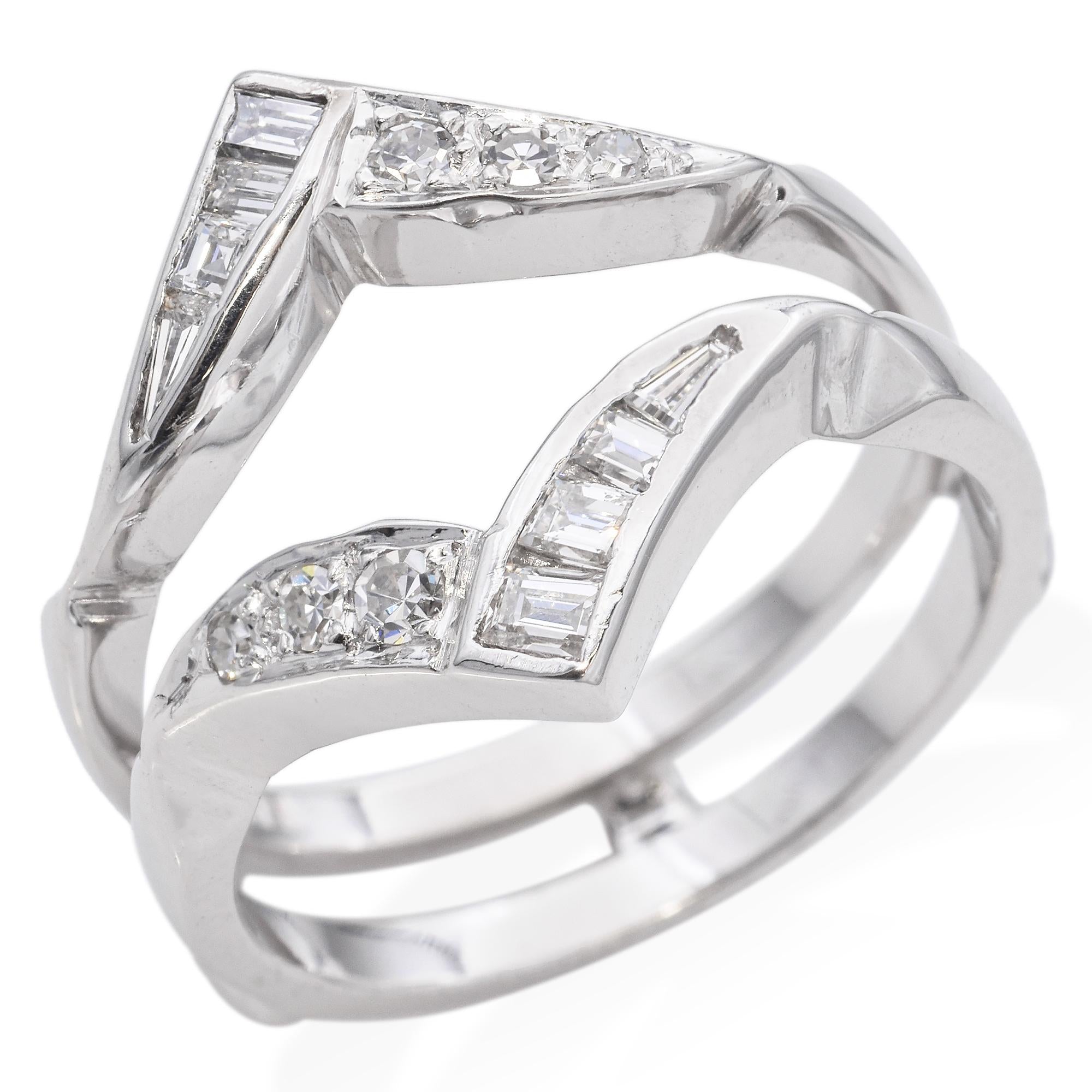 14K White Gold Round and Baguette Diamond Engagement Ring Enhancer