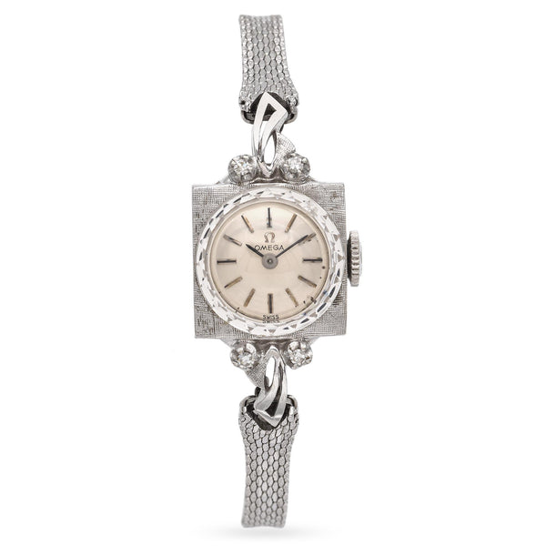 Vintage 14K White Gold Omega Diamond Womens Bracelet Watch