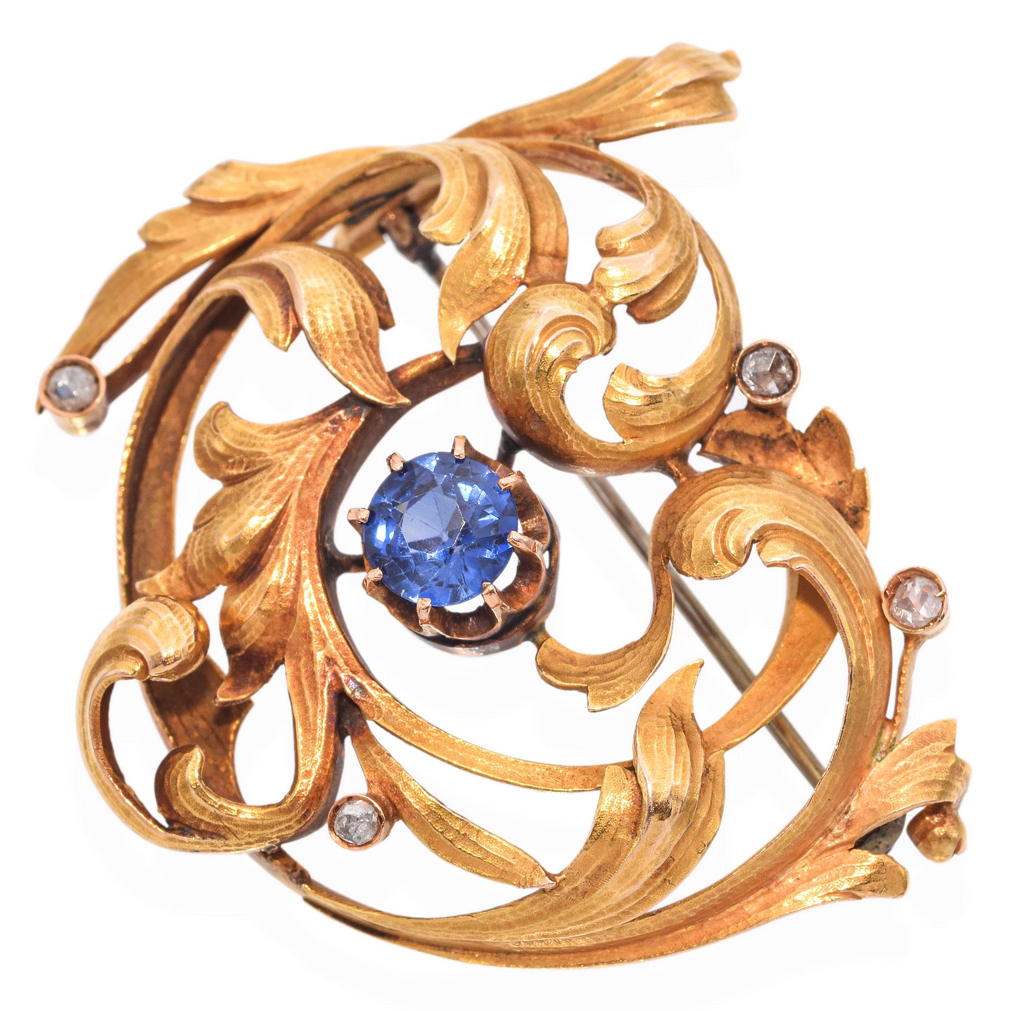 Art Nouveau 20k Yellow Gold Synthetic Sapphire and Rose Cut Diamond Vine Brooch